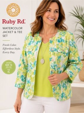 NWOT Ruby Rd Watercolor Floral Jacket & Kim Rogers Tee Set Size 16 XL Lime Green